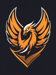Fototapeta premium Orange phoenix bird with white accents in a dark shield design.