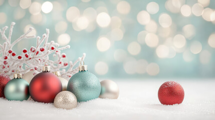 Festive Christmas ornaments and frosted branches on snow, with bokeh lights in the background, capture the holiday spirit and winter wonderland ambiance.
