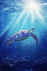 Fototapeta premium A serene underwater scene featuring a large sea turtle gliding effortlessly through the deep blue ocean