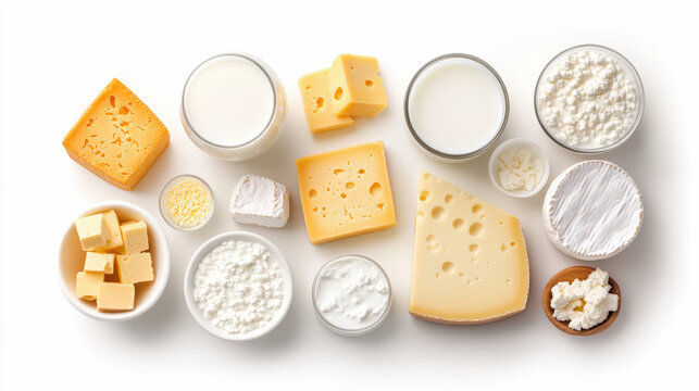 A variety of dairy products including milk, different types of cheese, cottage cheese, and butter, beautifully arranged on a clean, white background.
