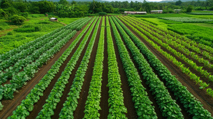 Aerial view of lush, well-organized vegetable fields in a verdant, rural farming area with various crops growing in parallel rows.