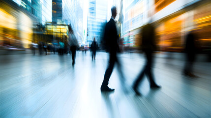 Abstract long exposure motion crowd of business people walking commercial centre corporate office in modern city downtown street. Fast pace busy crowded stress professional finance businessman
