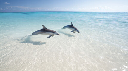 Two dolphins swim gracefully in the clear, shallow waters of a serene tropical beach, under a bright, sunny sky.