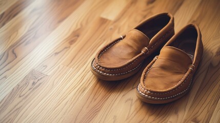 A pair of stylish leather moccasins on a hardwood floor, emphasizing comfort and craftsmanship.