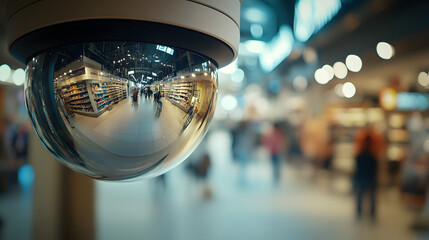large dome-shaped security camera lens surveillance CCTV busy retail store grocery supermarket store monitoring secure modern shopping shoppers shoplift shoplifting crime theft technology advanced