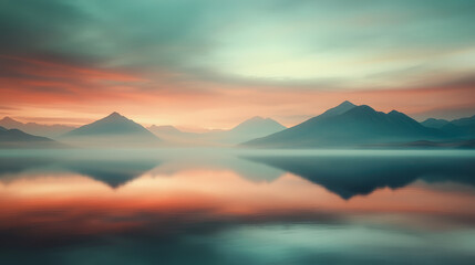 Naklejka premium A serene landscape of misty mountains reflected in a calm lake at dawn, showcasing a gradient of soft, pastel colors in the sky.