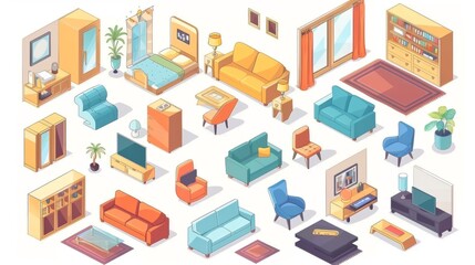 Cozy and Stylish Interior Design Elements Arrangement in Isometric View