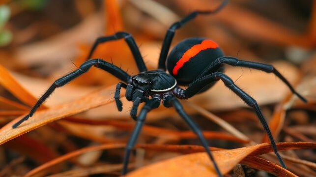 A redback spider in its natural habitat, showing its glossy black body and vibrant red stripe in a backyard garden.
