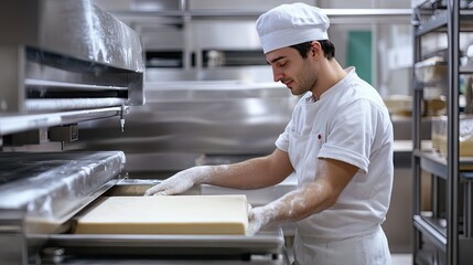 Employee Using Dough Rolling Machine in Kitchen