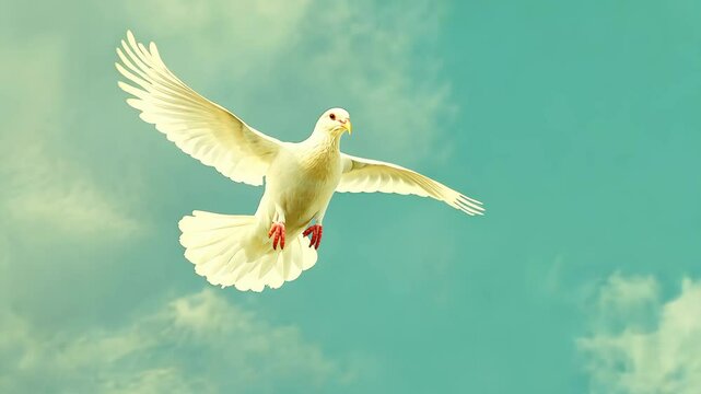 A white dove flies through a bright blue sky with fluffy white clouds