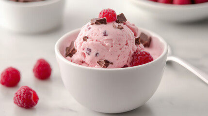 A bowl of creamy raspberry ice cream topped with fresh raspberries and chocolate chunks, ready to be enjoyed on a marble countertop.