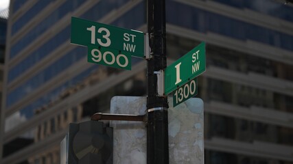 I street NW and 13th street NW street signs in downtown Washington DC symbolizing lobbying and corruption in nations capital