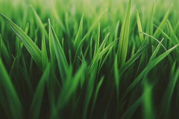 Detailed macro shot of fresh, vibrant green grass blades, capturing the lush texture and natural beauty of greenery outdoors.