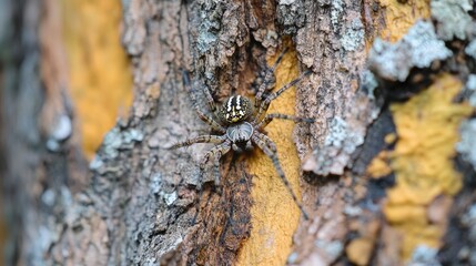 A spider camouflaged against the bark of a tree, blending seamlessly into its surroundings while waiting for prey.
