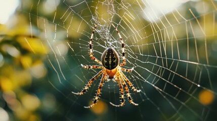 A spider hanging upside down from its web, waiting patiently for prey to get caught in its sticky trap.