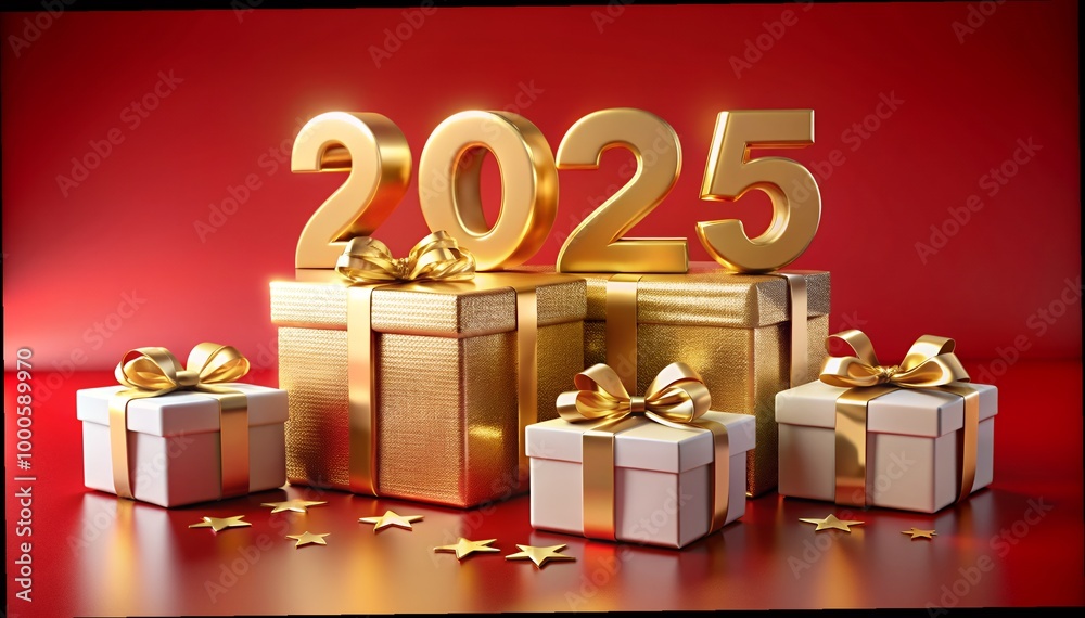 Wall mural 3d rendering of golden light shine particles bokeh over red background and the numbers 2025 in gold 