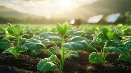 Close-up of young plants growing in a sunlit field, with solar panels in the background, symbolizing sustainable agriculture and renewable energy use.