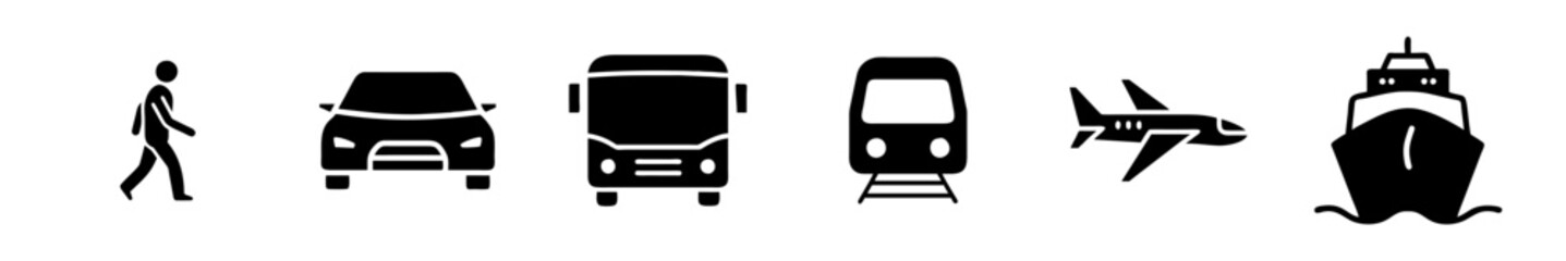 Transport line icons set. Auto, bus, train, ship, plane and on foot. Public, travel and delivery transport icons. Vector illustration.