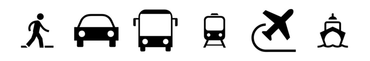 Transport icons set. Auto, bus, train, ship, plane and on foot. Public, travel and delivery transport icons. Vector illustration.