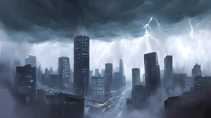 Obraz premium hurricane natural disaster rainstorm flooding typhoon urban city center strong wind heavy rain rainfall destruction damage island storm nature environment adverse weather thunderstorm lightning