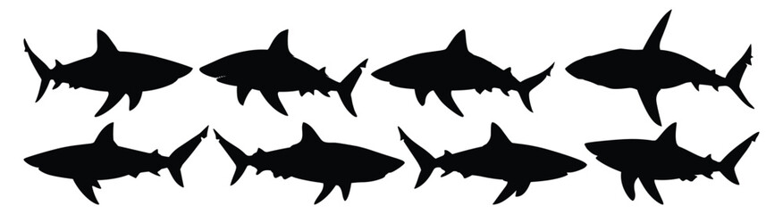 Shark silhouettes set, ocean pack of vector silhouette design, isolated background