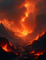 Fiery landscape of hell with flames and dark skies