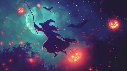 A witch flies under a glowing full moon, holding a lantern shaped like a jack-o'-lantern, surrounded by bats. A mystical Halloween illustration capturing the eerie night atmosphere.