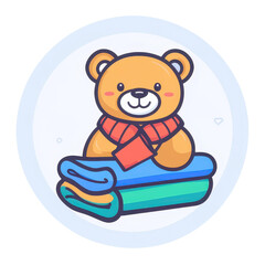 Obraz premium Adorable round icon features a teddy bear toy and stylish folded clothes with a lovely ribbon for a charming touch.