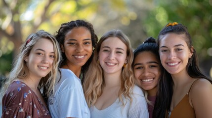 Fototapeta premium A group of young women of various races, smiling and standing close together