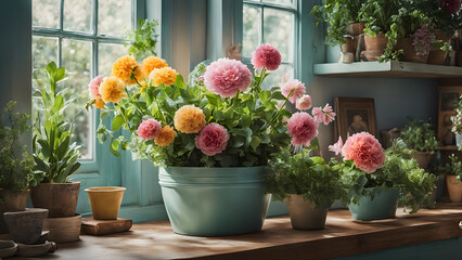 A florist full of fresh flowers from a pastel planter, surrounded by plants and potted greens on a shelf, ai