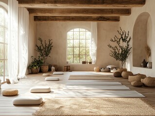 A light and airy yoga studio with large windows, wooden beams, and natural materials.