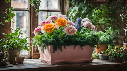 Fototapeta premium A florist full of fresh flowers from a pastel planter, surrounded by plants and potted greens on a shelf, ai