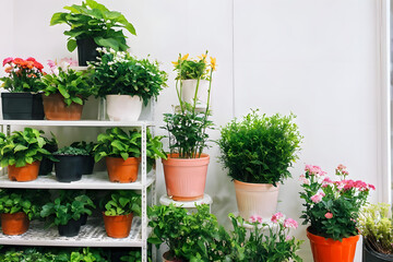 A florist full of fresh flowers from a pastel planter, surrounded by plants and potted greens on a shelf, ai