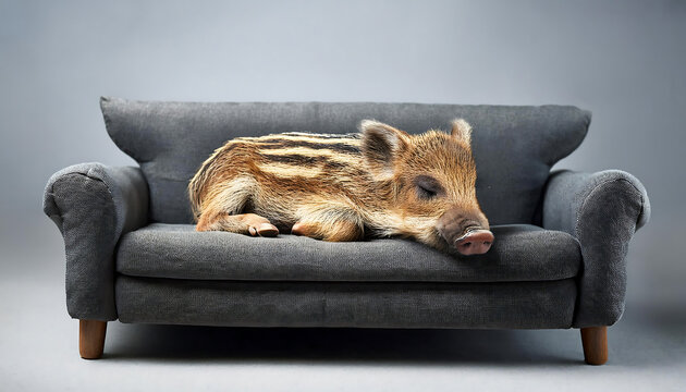 Baby Wild Boar Sleeping on a Sofa