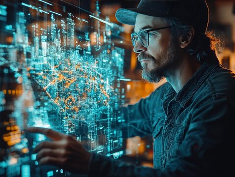 Hombre dibujando graficos virtuales de una ciudad bien definida en un holograma