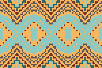 Pixel Geometric Ethnic Tribal Patternfolk Embroidery, Aztec Geometric Ornament Print. Design for Carpet, Wallpaper, Clothing, Wrapping, Fabric