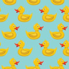 Yellow Duck cartoon seamless pattern on blue background. Vector illustration