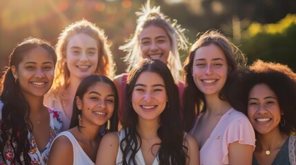 Fototapeta premium A multicultural group of young women, all smiling and standing closely