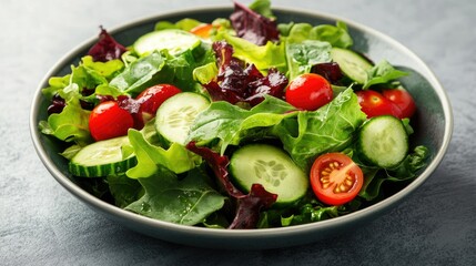 Fresh Mixed Green Salad with Cherry Tomatoes and Cucumbers