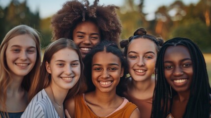 Fototapeta premium A multicultural group of young women, all smiling and standing closely