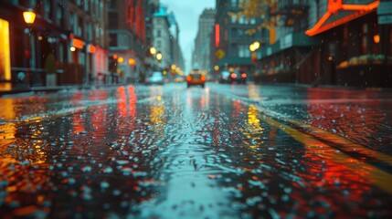Obraz premium Glistening Surface of a Rain-Soaked Street Reflecting City Lights in a Wet Urban Setting
