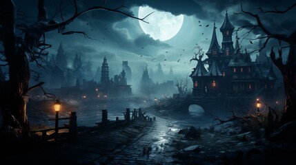 Obraz premium A dark and eerie scene with a large moon in the sky