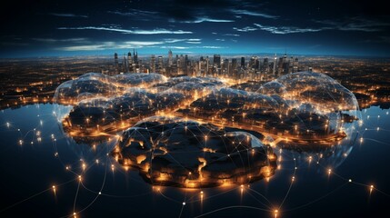 Fototapeta premium A cityscape with a network of lights and a reflection of the city on the water