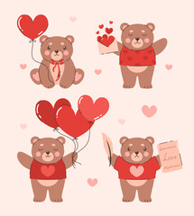 Set of bears with hearts. Images for Valentine's Day. Flat vector illustration.