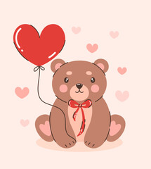 Teddy bear with a heart ball. Image for Valentine's Day. Flat vector illustration.