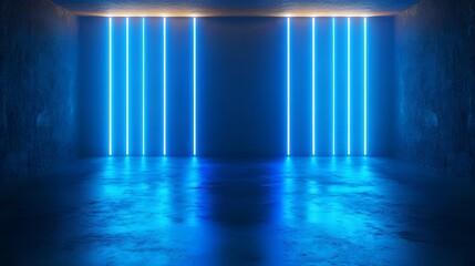 5. An engaging 3D depiction of a sleek dark studio room, where blue neon lights intersect with a bright spotlight, emphasizing a product showcase in a futuristic and stylish setting