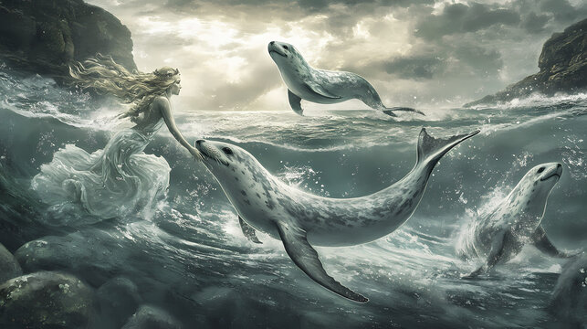 evolution of a selkie, seal to human, transformation stages, coastal view, hyper detailed. Selkie. Illustration
