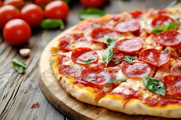 Italian food - pizza with salami and tomatoes on board, vertical, close-up - generative ai