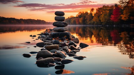 A stack of rocks is on a ledge next to a body of water