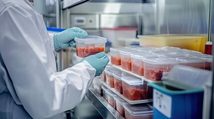 Employee Verifying Food Containers in Laboratory Setting